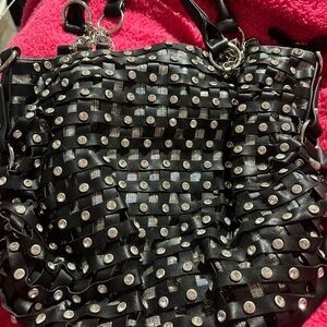 Black Studded Woven shoulder Bag